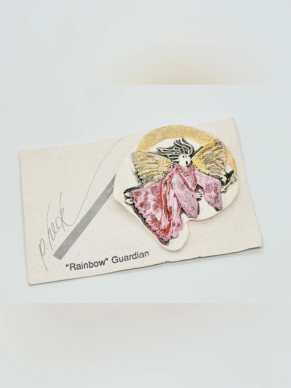 Vintage P Heck Rainbow Guardian Angel Brooch NWT Enamel Pink Gold